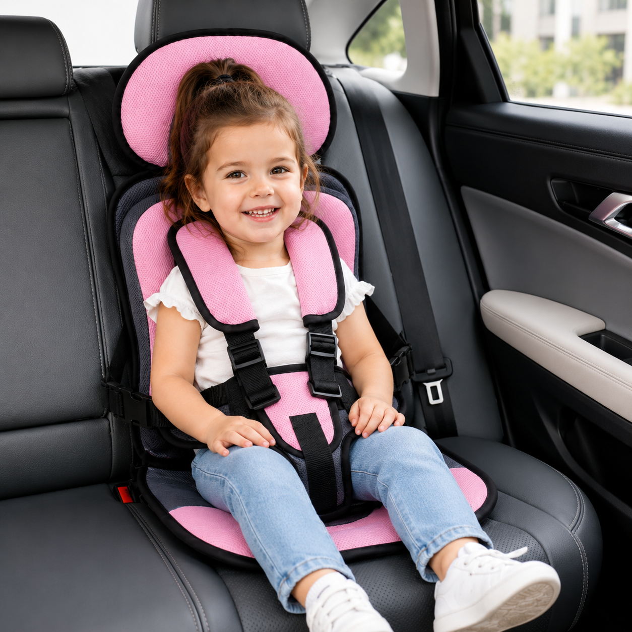 Asiento elevador plegable Travel Buddy con arnés de cinco puntos para mayor comodidad en viajes