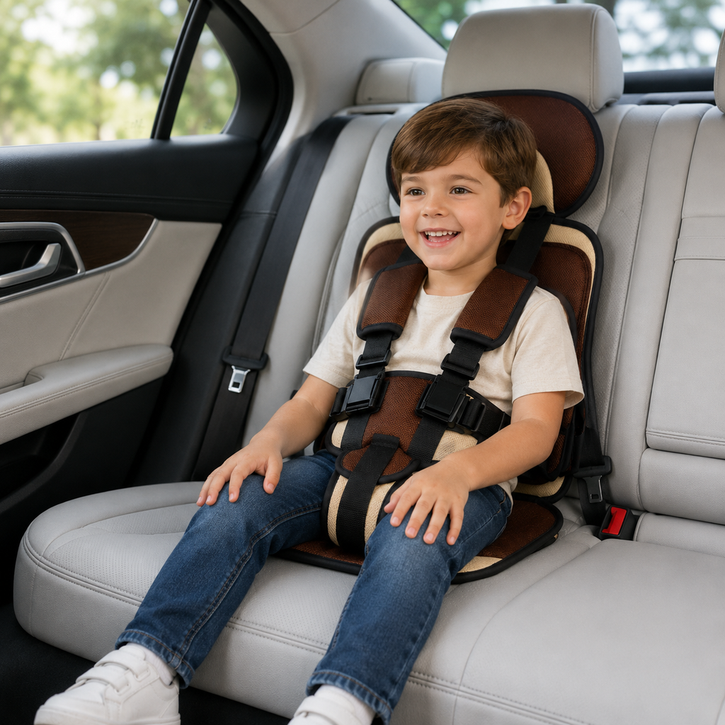 Asiento elevador plegable Travel Buddy con arnés de cinco puntos para mayor comodidad en viajes