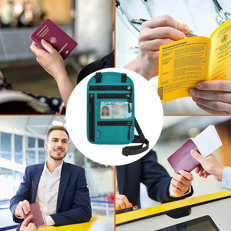 Utazó nyakba akasztható tasak RFID-blokkoló útlevéltartóval, vízálló