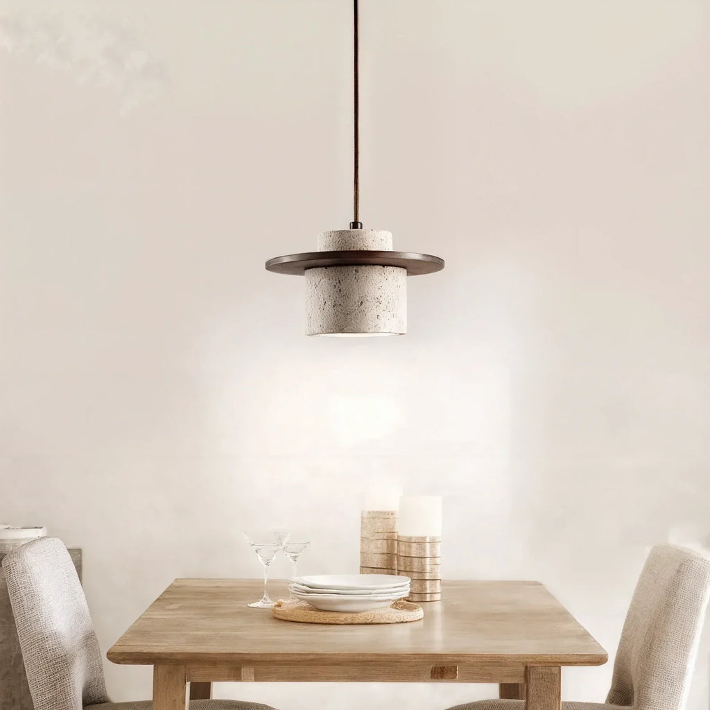 Stropní lampa z travertinu s přírodním stínidlem, minimalistický elegantní design
