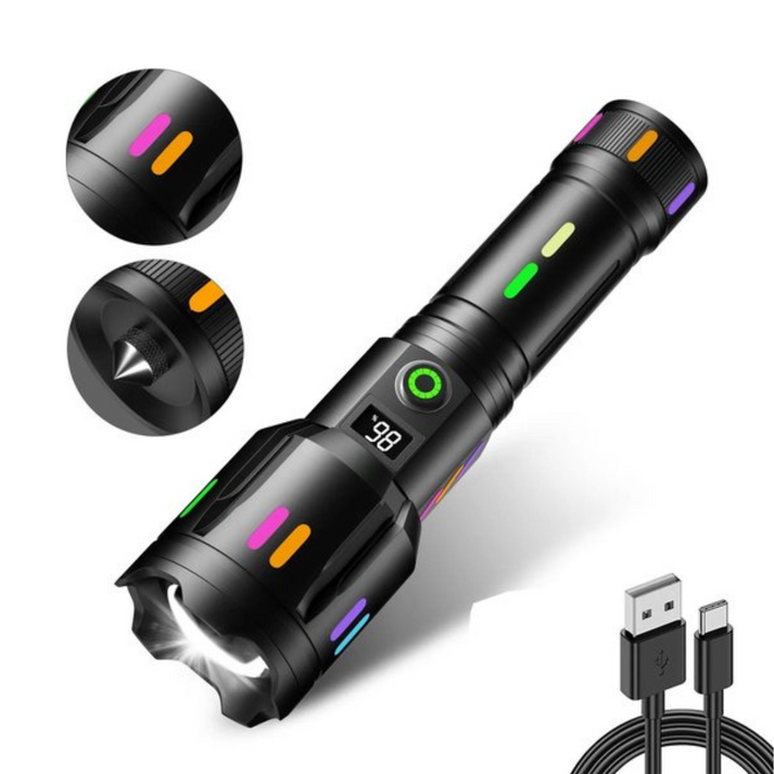 Ultimativ LED-lommelygte: 9000 lumen genopladelig med zoomfunktion, holdbart design