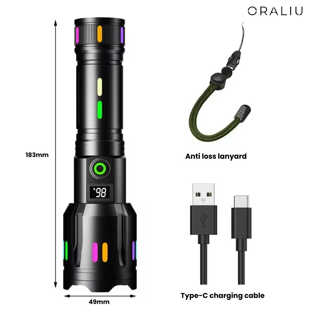 Ultimativ LED-lommelygte: 9000 lumen genopladelig med zoomfunktion, holdbart design