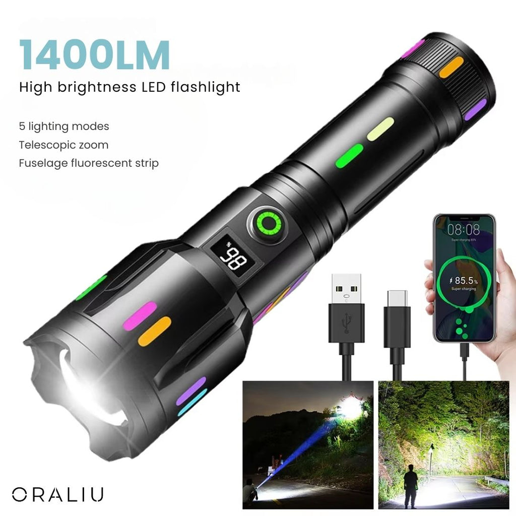 Ultimativ LED-lommelygte: 9000 lumen genopladelig med zoomfunktion, holdbart design