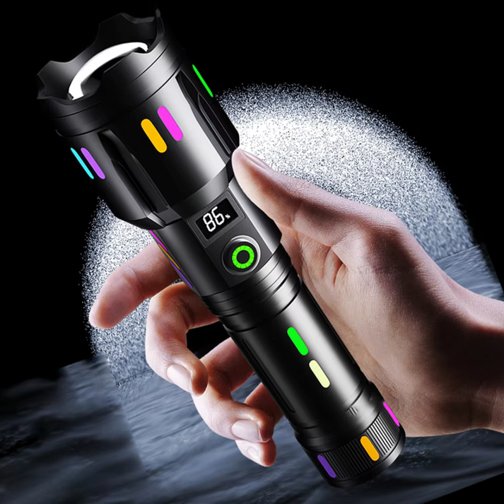 Ultimativ LED-lommelygte: 9000 lumen genopladelig med zoomfunktion, holdbart design