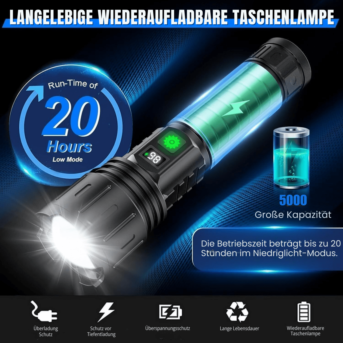 UltraBeam højintensitetslommelygte med 100.000 lumen og powerbank til udendørs eventyr
