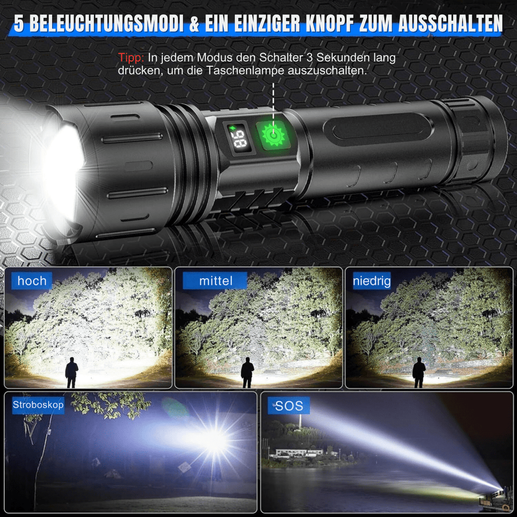 UltraBeam højintensitetslommelygte med 100.000 lumen og powerbank til udendørs eventyr