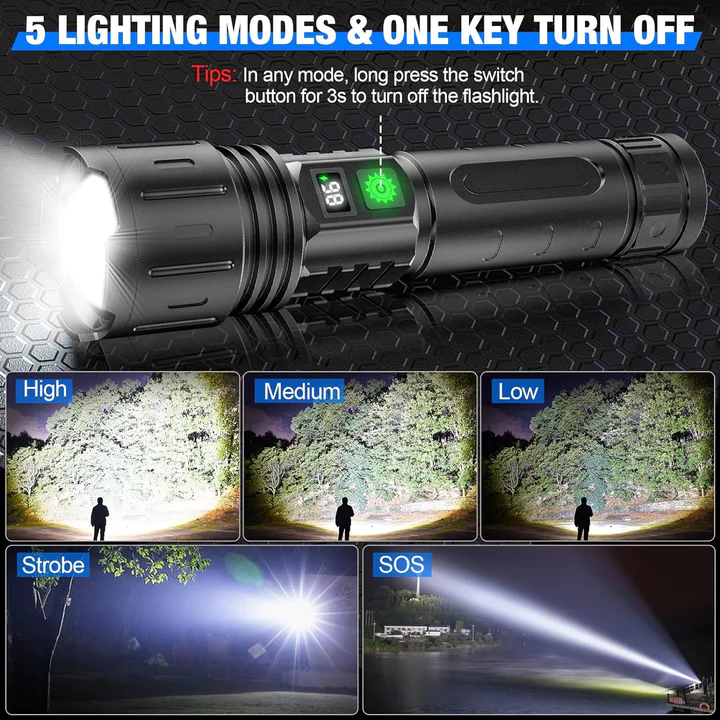 Ultra fényes taktikai zseblámpa 100 000 lumen fényerővel és állítható fénysugárral