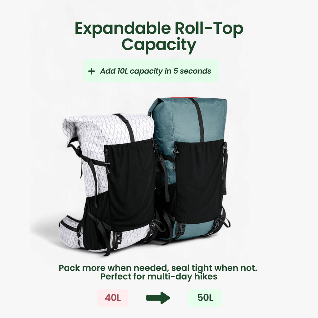Veerlichte 50L Roll Top Rugzak voor Wandelen en Reizen