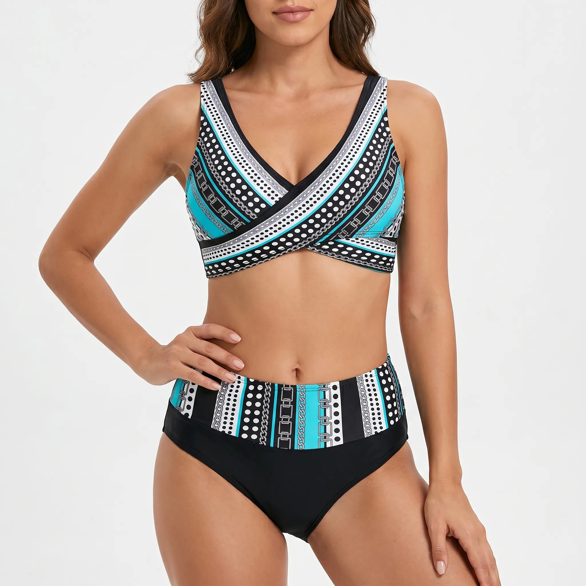 High-Waisted Geometric Bikini Set -  Beach Holidays - Ormexis