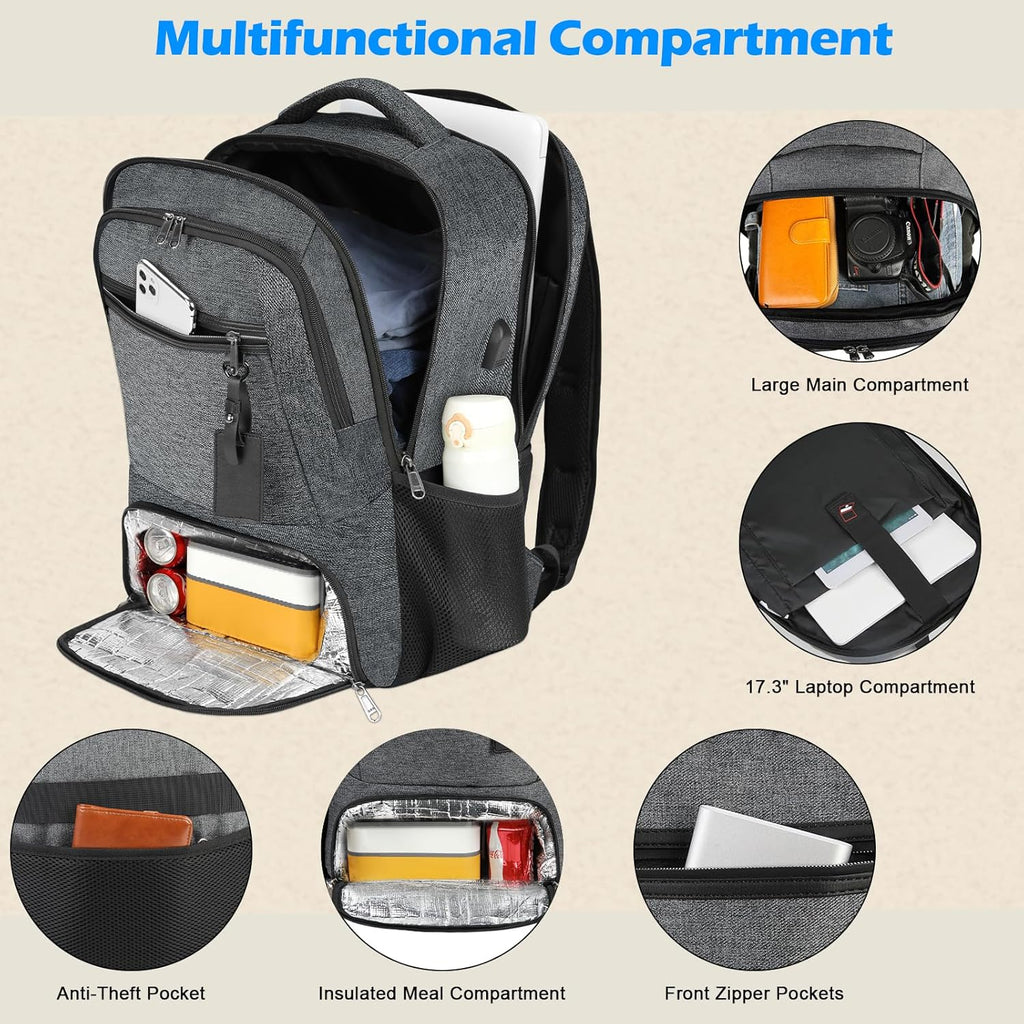 Zaino impermeabile per laptop e pranzo con porta USB per ricarica, ideale per viaggi e lavoro