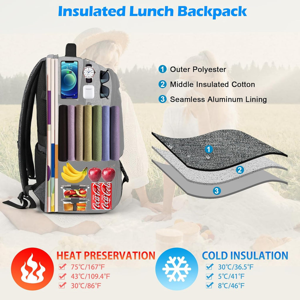 Zaino impermeabile per laptop e pranzo con porta USB per ricarica, ideale per viaggi e lavoro