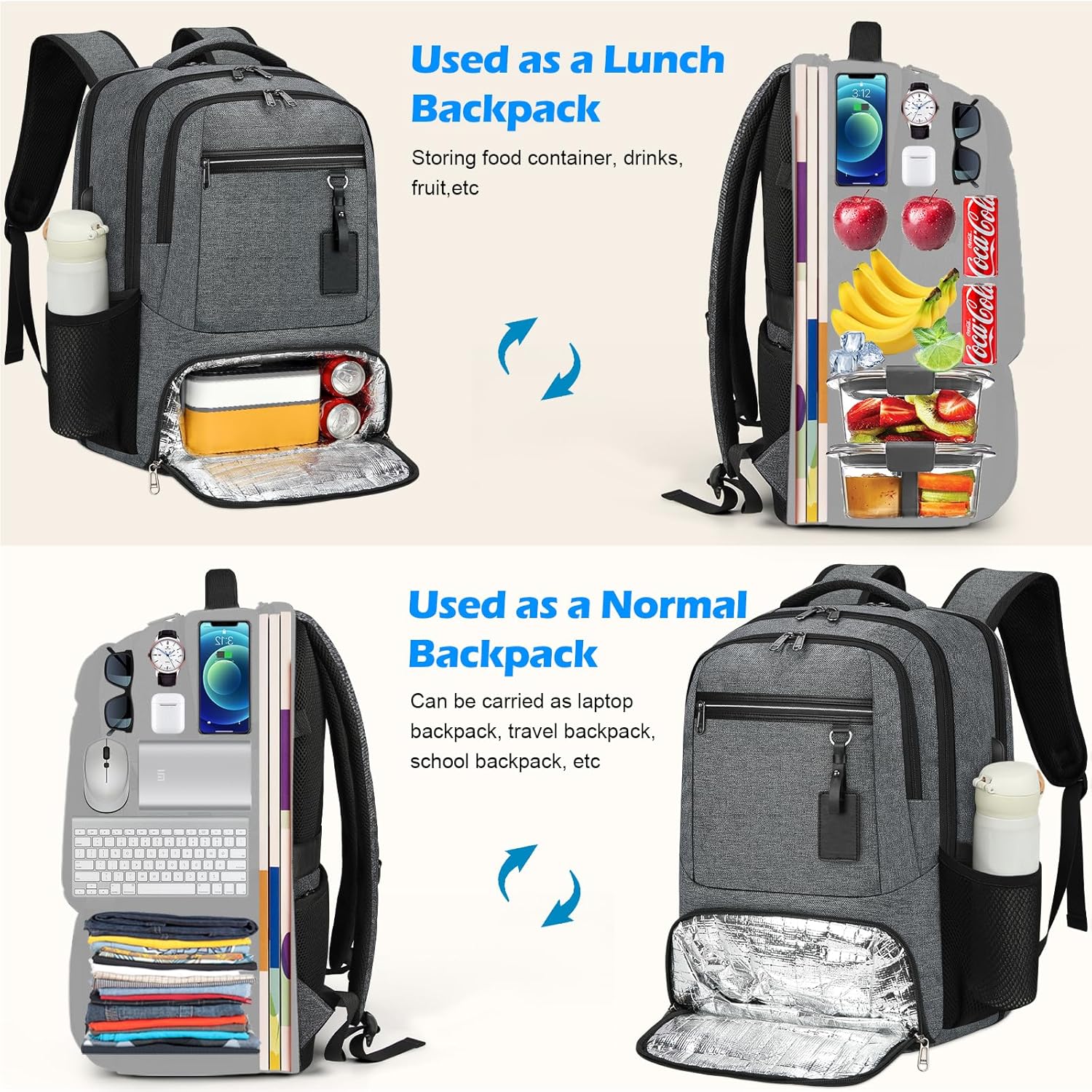 Zaino impermeabile per laptop e pranzo con porta USB per ricarica, ideale per viaggi e lavoro