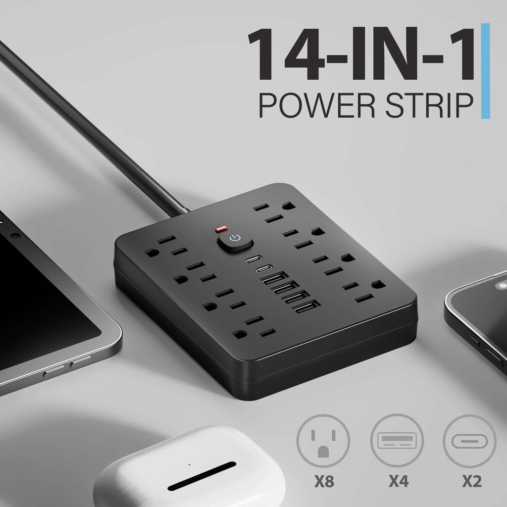 Sokoldalú elosztó hálózati túlfeszültség-védelemmel, 8 AC aljzattal és 4 USB porttal