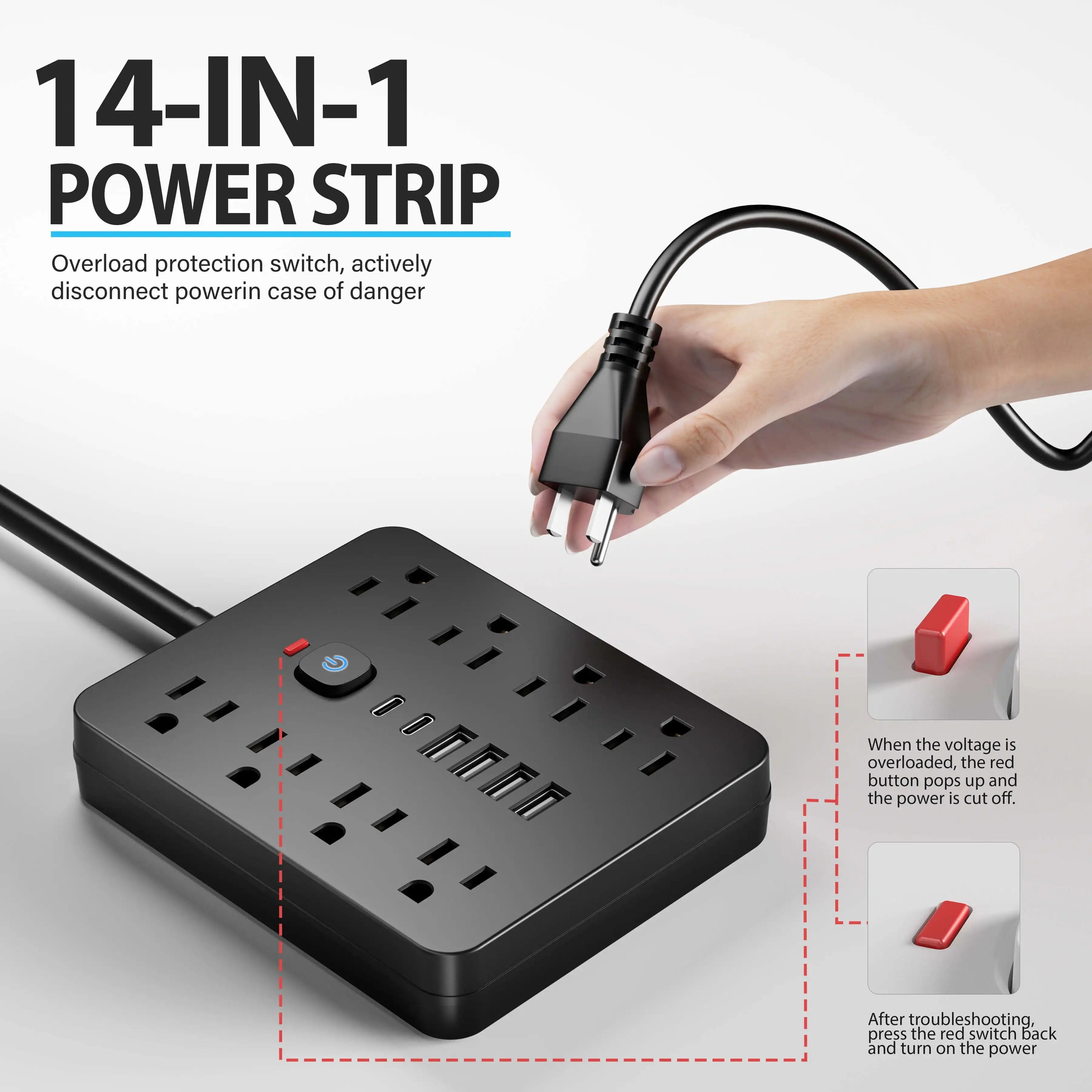 Sokoldalú elosztó hálózati túlfeszültség-védelemmel, 8 AC aljzattal és 4 USB porttal