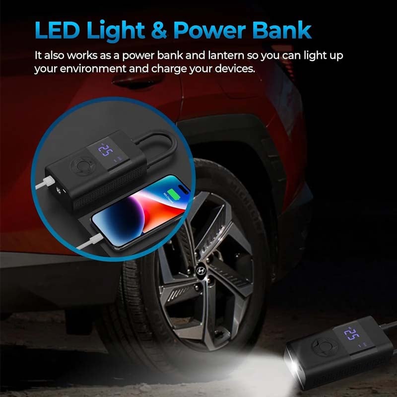 Renkaan pumppu LCD-näytöllä ja LED-valolla, kannettava täyttölaite autoille ja polkupyörille