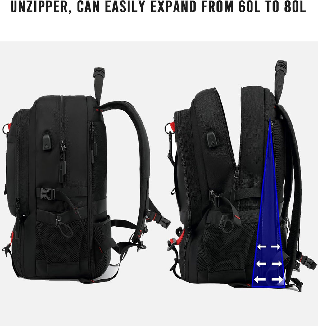 Mochila de Viagem 60L com Porta USB e Compartimento Oculto para Sapatos