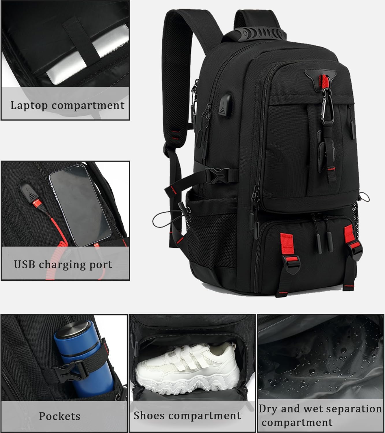 60L vandtæt rejserygsæk til bærbar med USB-port til sikker organisering