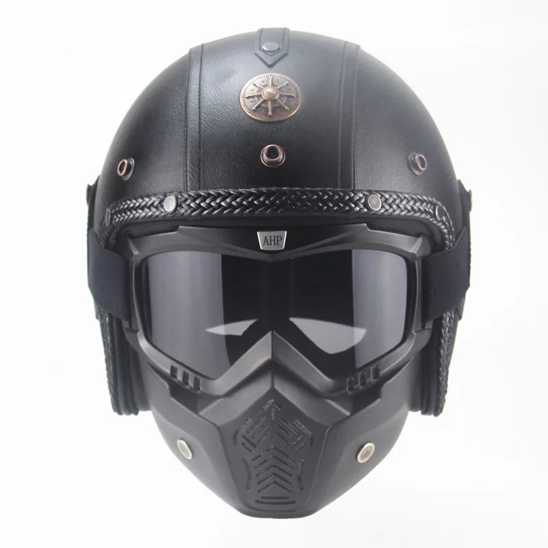 Vintage Open Face Motorcycle Helmet With Detachable Goggles And Mask