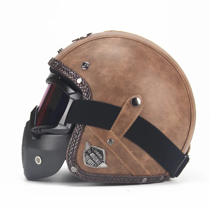 Vintage Open Face Motorcycle Helmet With Detachable Goggles And Mask