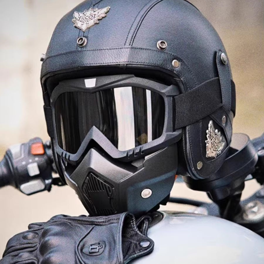 Vintage Open Face Motorcycle Helmet With Detachable Goggles And Mask