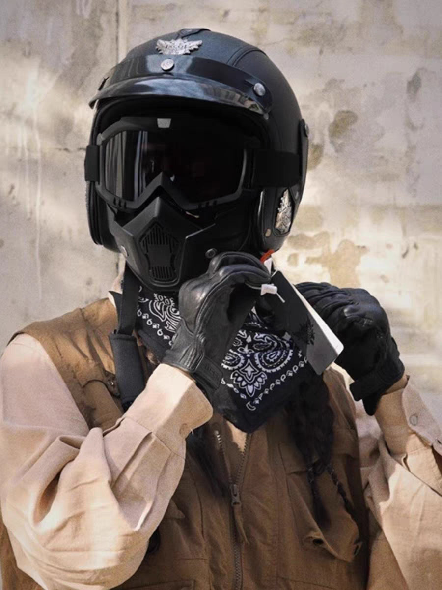 Vintage Open Face Motorcycle Helmet With Detachable Goggles And Mask