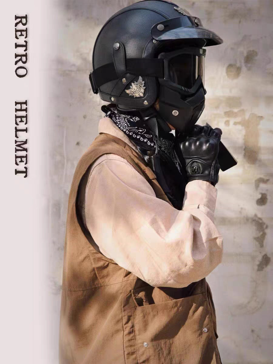 Vintage Open Face Motorcycle Helmet With Detachable Goggles And Mask