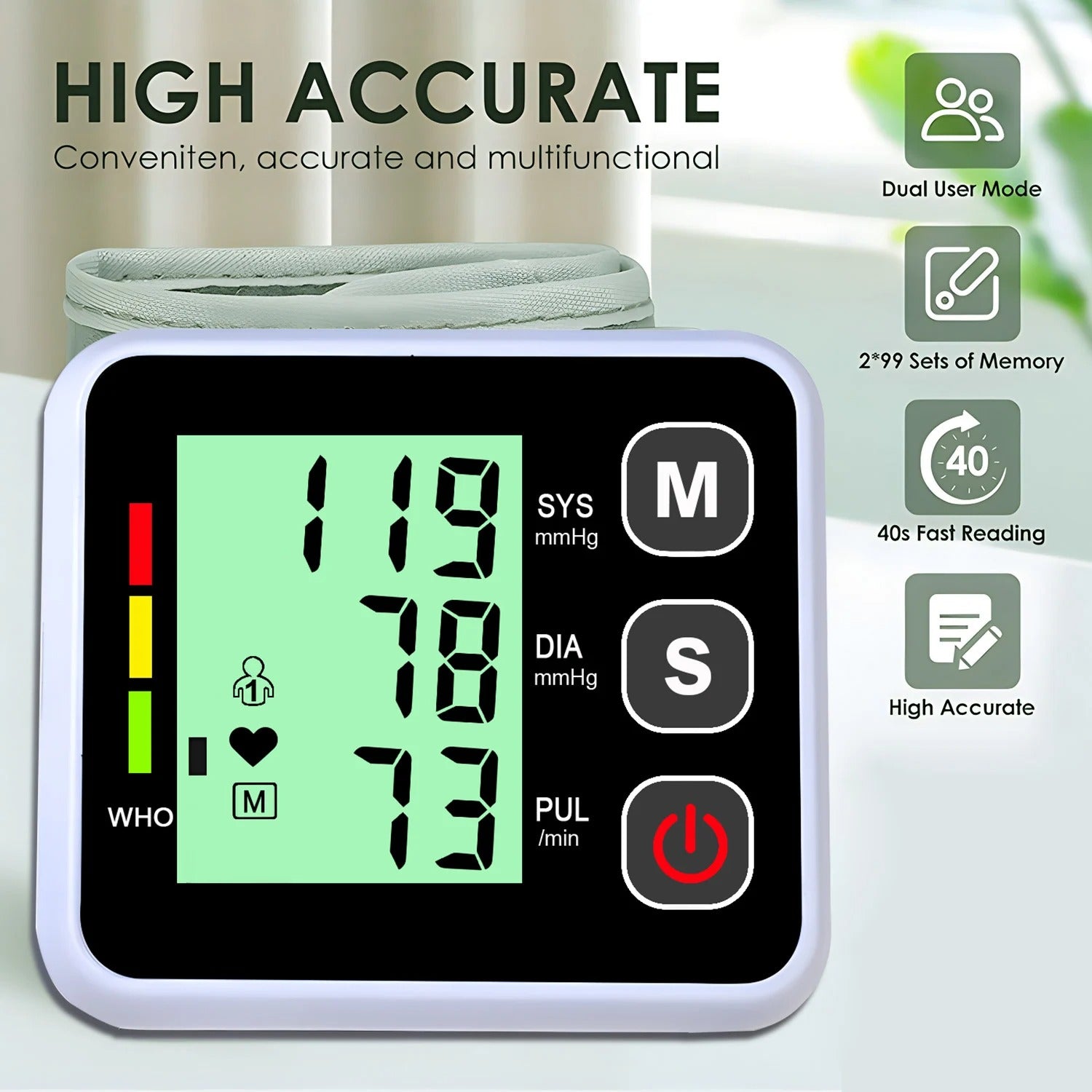 Monitor de presión arterial de muñeca con inflado automático del manguito para el seguimiento de la salud en casa