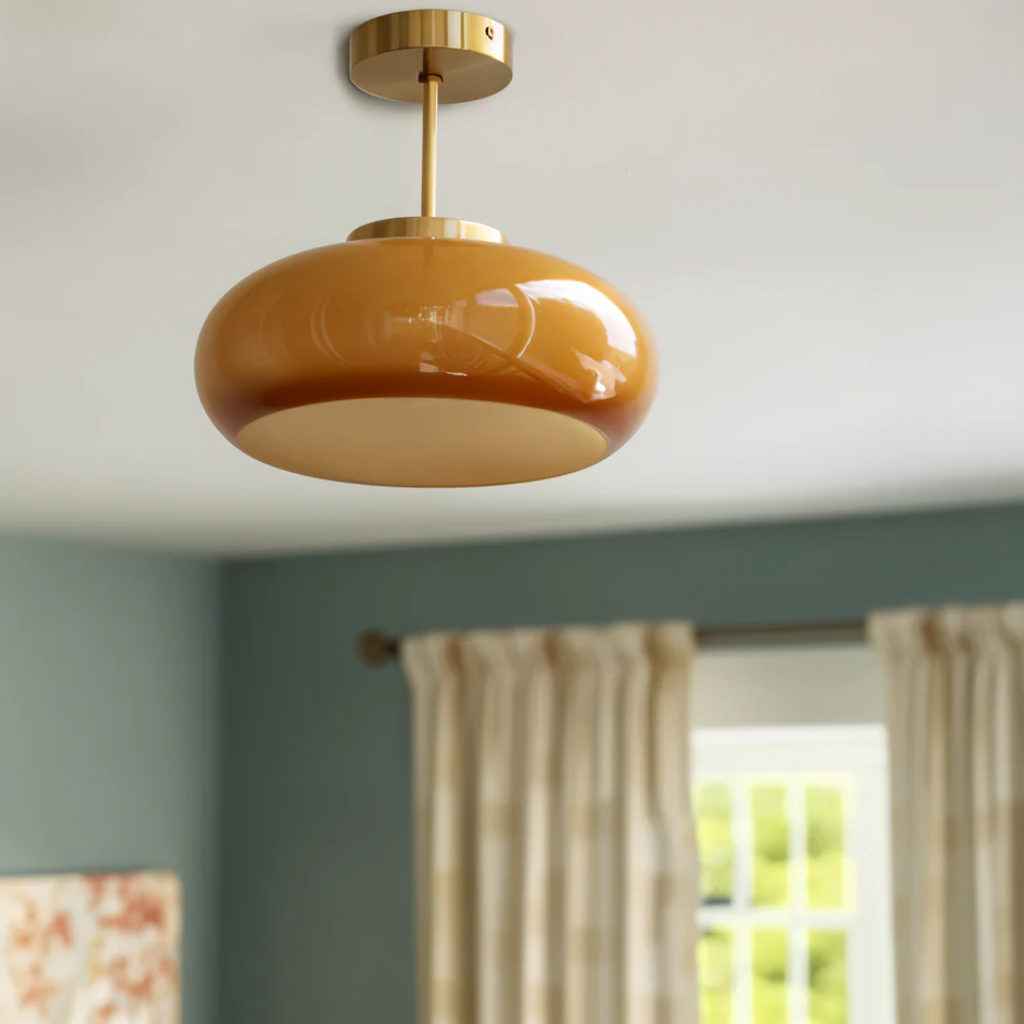 Bursztynowa szklana, vintage’owa, owalna lampa sufitowa półprzylegająca | Ormexis