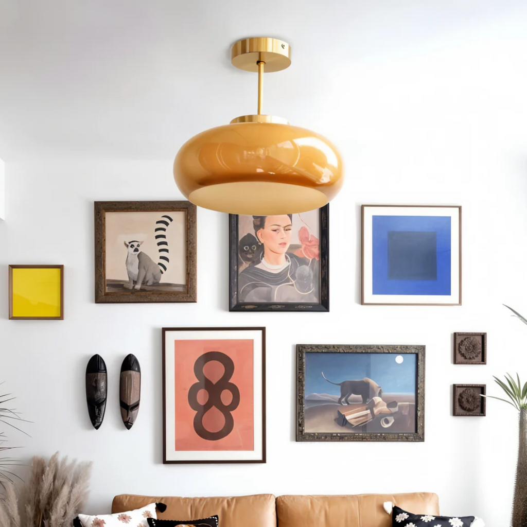 Bursztynowa szklana, vintage’owa, owalna lampa sufitowa półprzylegająca | Ormexis