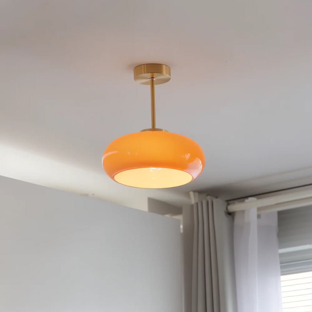 Bursztynowa szklana, vintage’owa, owalna lampa sufitowa półprzylegająca | Ormexis