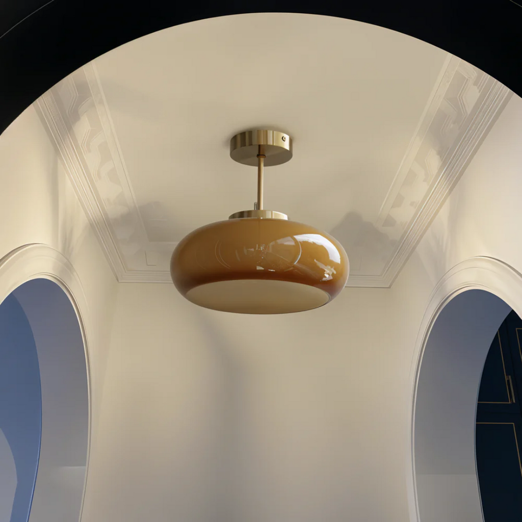 Bursztynowa szklana, vintage’owa, owalna lampa sufitowa półprzylegająca | Ormexis