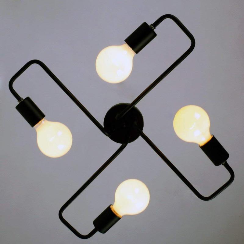 Schwarze Sputnik-Deckenleuchte aus Metall im Industrie- und Mid-Century-Stil mit mehreren Armen und sichtbaren Glühbirnen, flache Deckenmontage | Ormexis