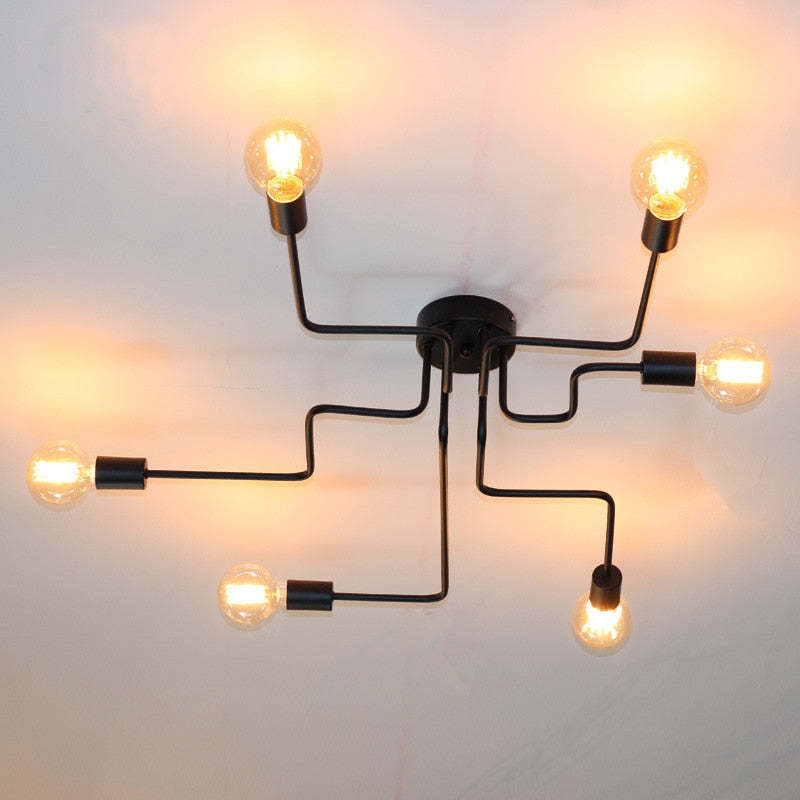 Schwarze Sputnik-Deckenleuchte aus Metall im Industrie- und Mid-Century-Stil mit mehreren Armen und sichtbaren Glühbirnen, flache Deckenmontage | Ormexis