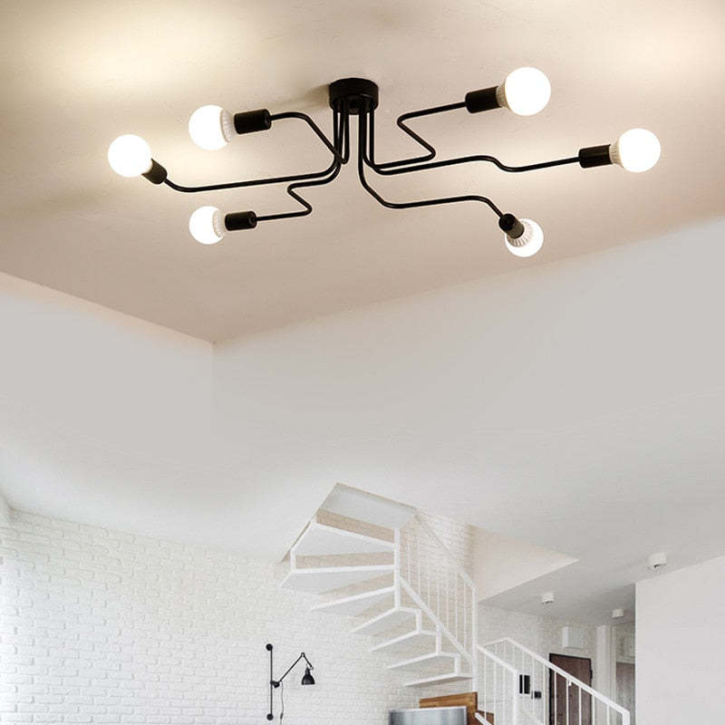 Schwarze Sputnik-Deckenleuchte aus Metall im Industrie- und Mid-Century-Stil mit mehreren Armen und sichtbaren Glühbirnen, flache Deckenmontage | Ormexis