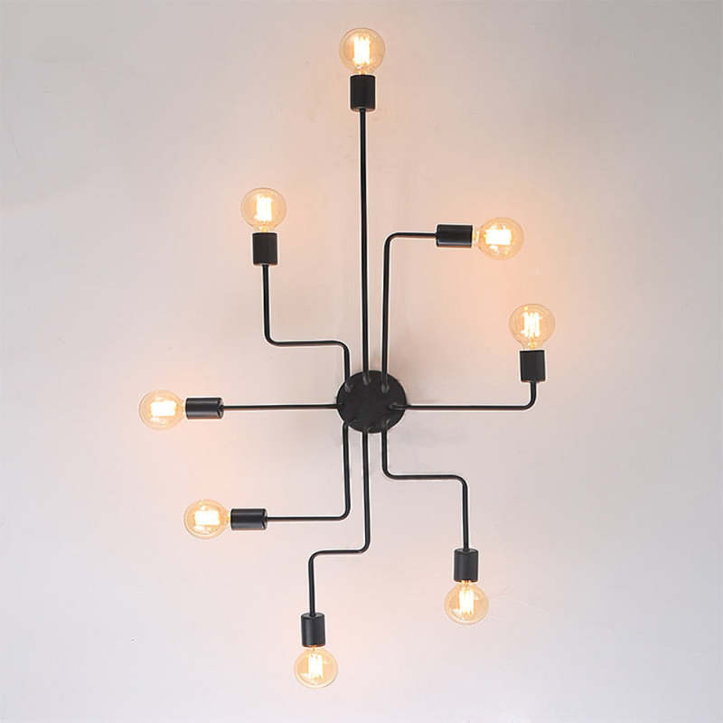 Schwarze Sputnik-Deckenleuchte aus Metall im Industrie- und Mid-Century-Stil mit mehreren Armen und sichtbaren Glühbirnen, flache Deckenmontage | Ormexis