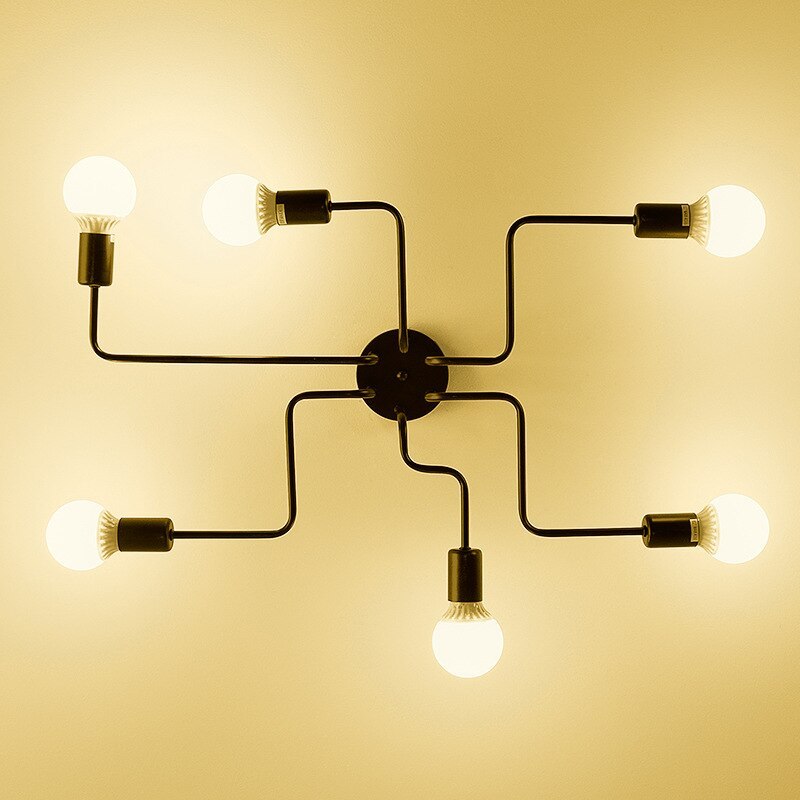 Schwarze Sputnik-Deckenleuchte aus Metall im Industrie- und Mid-Century-Stil mit mehreren Armen und sichtbaren Glühbirnen, flache Deckenmontage | Ormexis