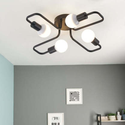 Schwarze Sputnik-Deckenleuchte aus Metall im Industrie- und Mid-Century-Stil mit mehreren Armen und sichtbaren Glühbirnen, flache Deckenmontage | Ormexis