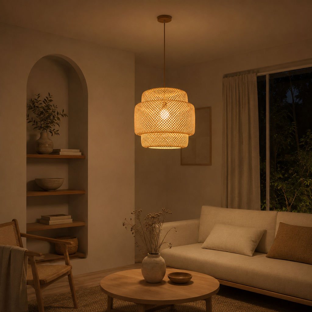 Pleciona bambusowa lampa wisząca w stylu boho japandi z beżowym przewodem | Ormexis