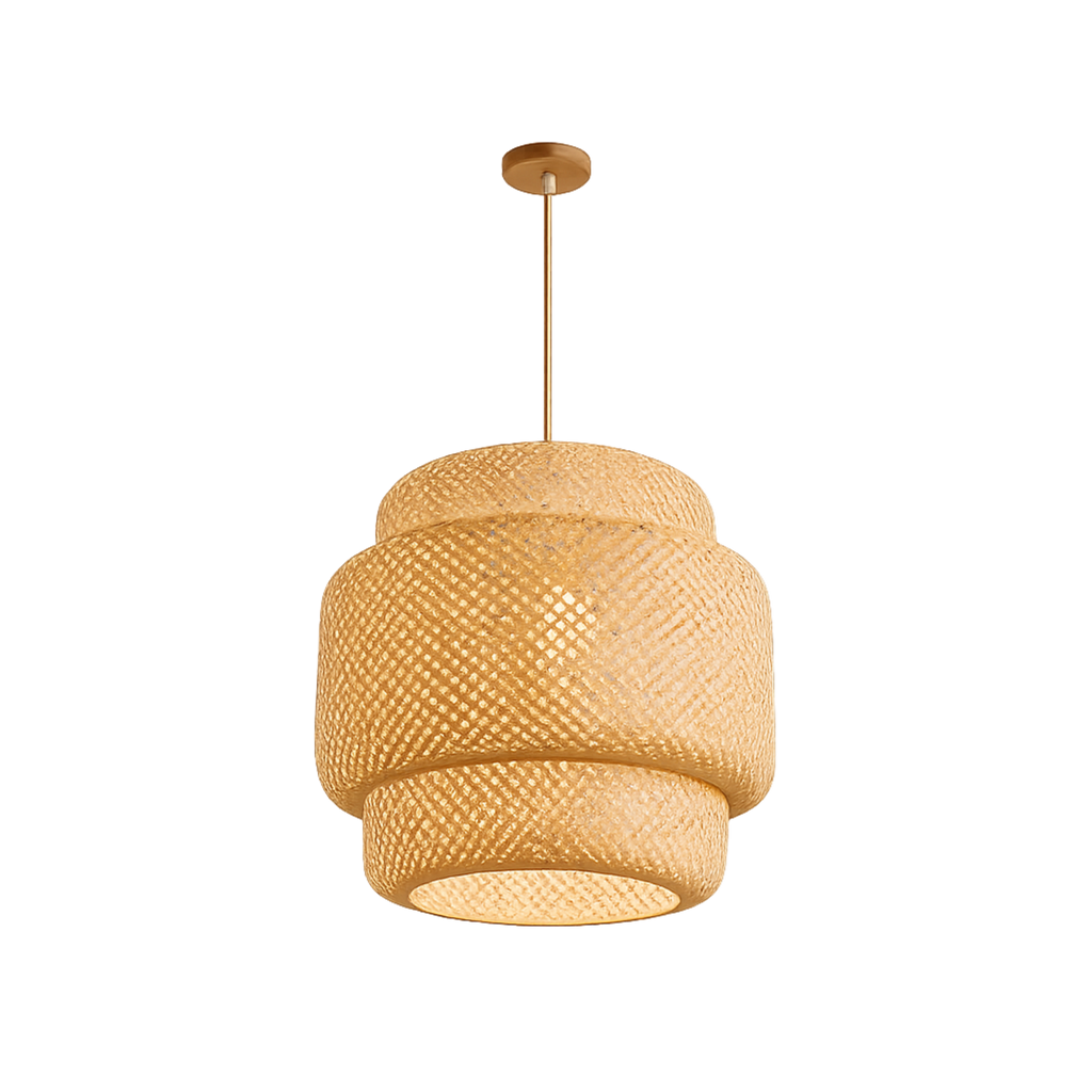 Pleciona bambusowa lampa wisząca w stylu boho japandi z beżowym przewodem | Ormexis