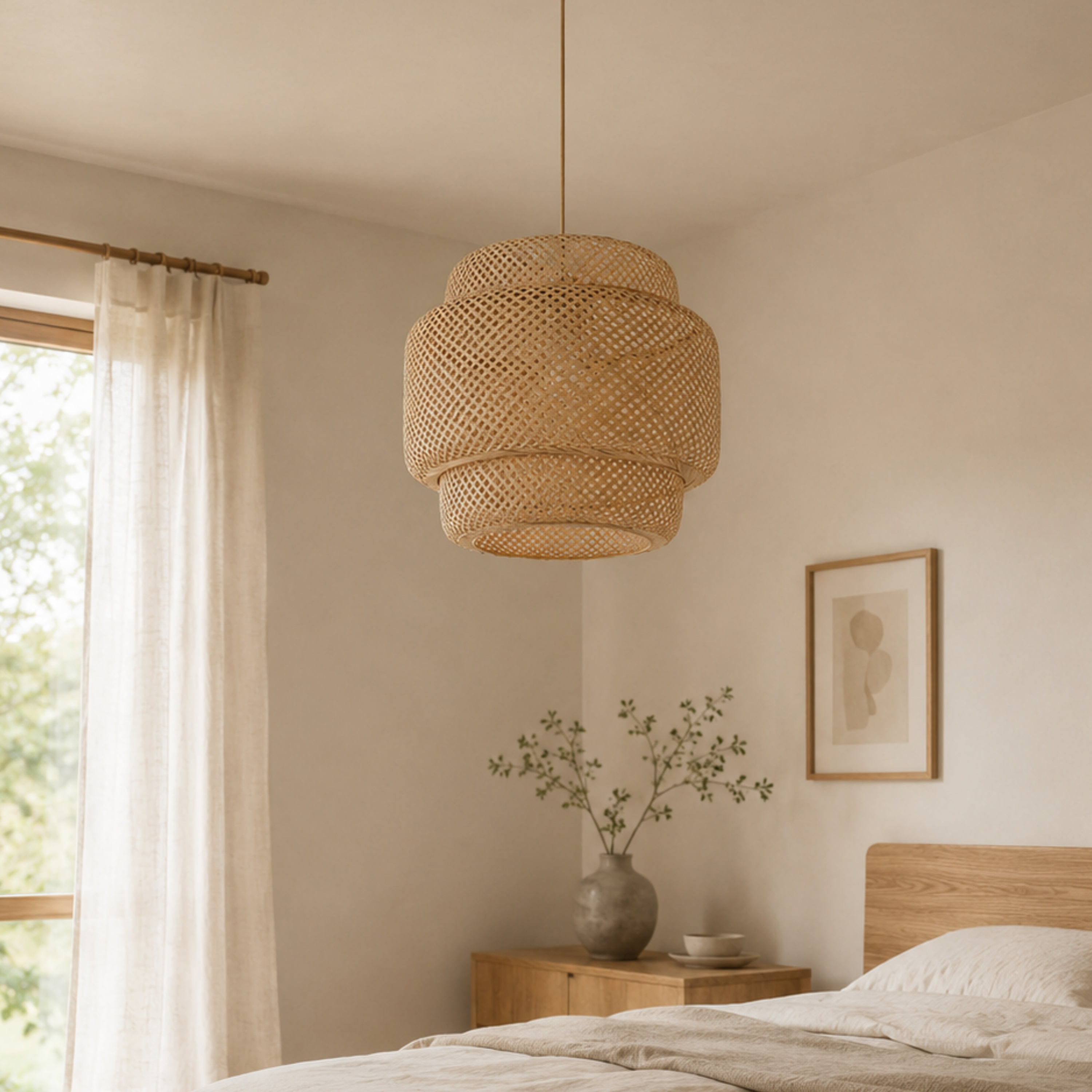 Pleciona bambusowa lampa wisząca w stylu boho japandi z beżowym przewodem | Ormexis