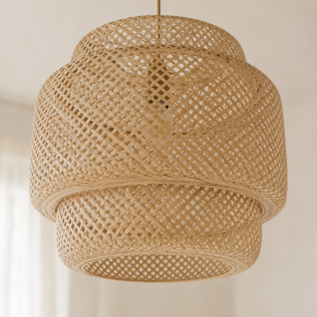 Pleciona bambusowa lampa wisząca w stylu boho japandi z beżowym przewodem | Ormexis