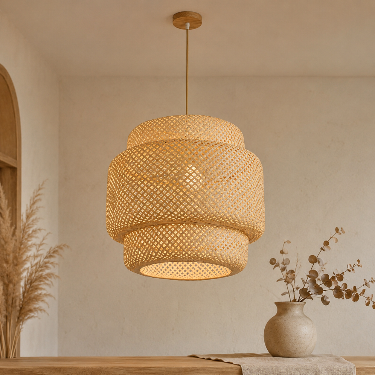 Pleciona bambusowa lampa wisząca w stylu boho japandi z beżowym przewodem | Ormexis