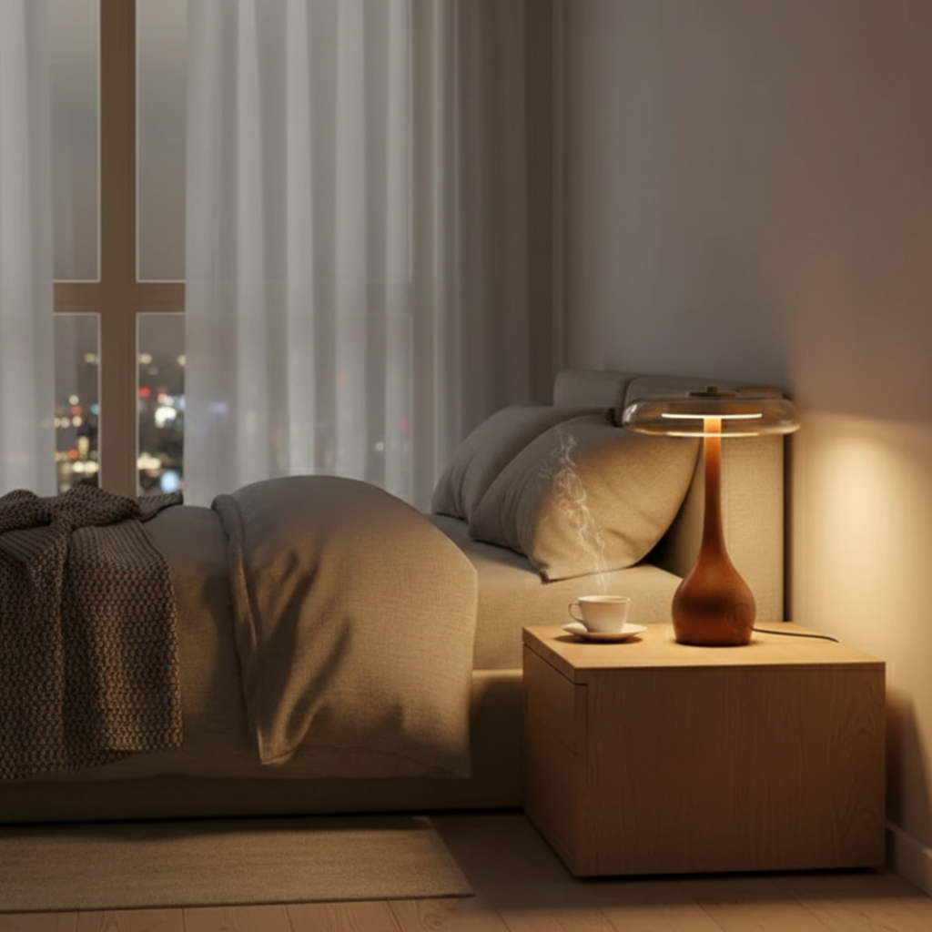 Tischleuchte aus Messing und Eschenholz mit Glas, tropfenförmigem Sockel, Nachttischlampe | Ormexis