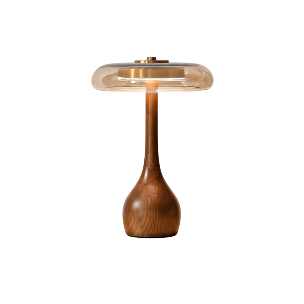 Tischleuchte aus Messing und Eschenholz mit Glas, tropfenförmigem Sockel, Nachttischlampe | Ormexis