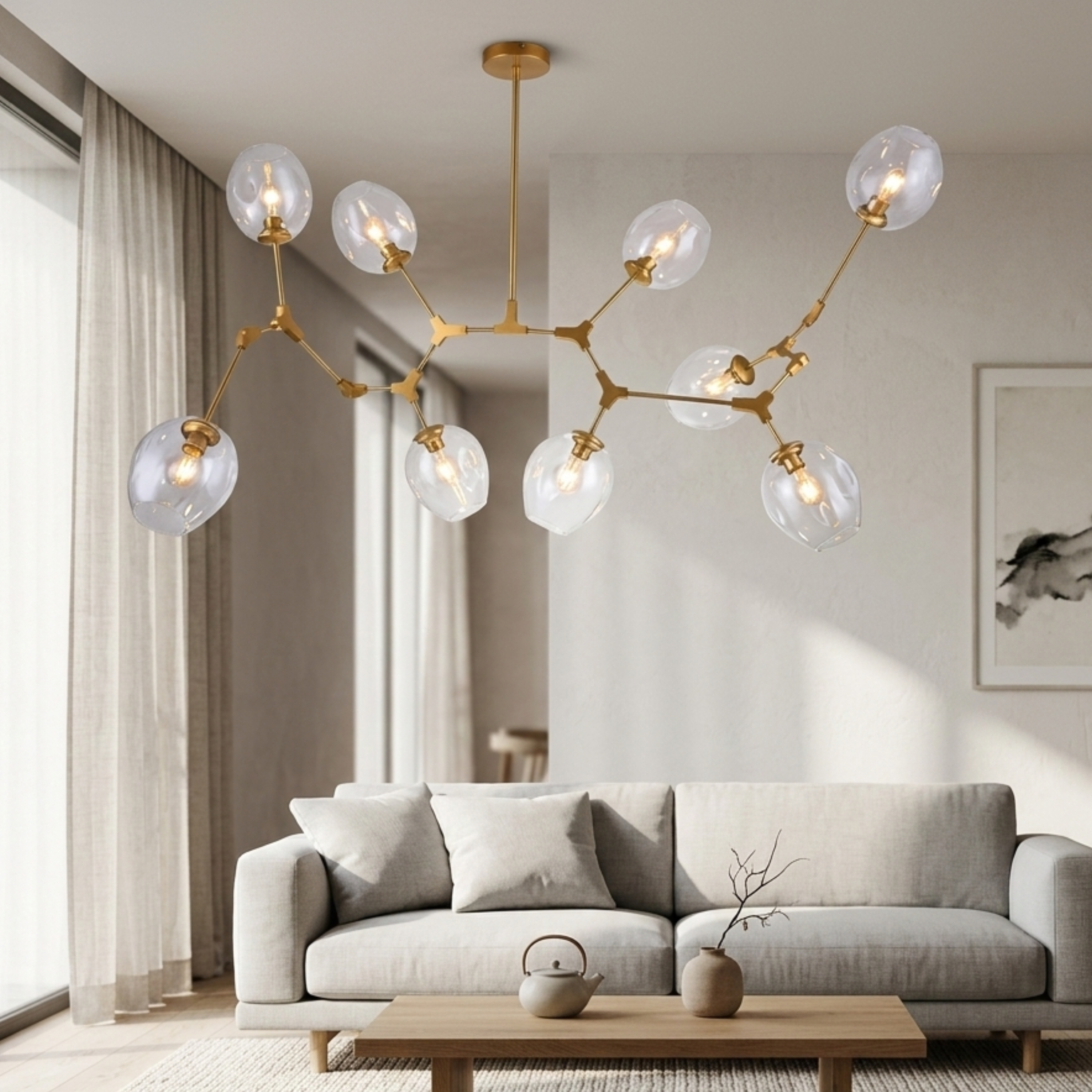 Gold Mid Century Clear Glass Globe Chandelier Branching Ceiling Light | Ormexis