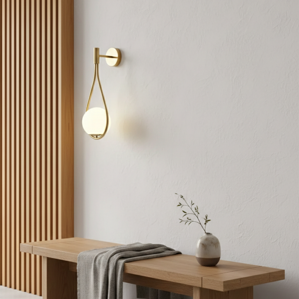 Gold Tone Metal Wall Sconce with White Glass Globe Shade | Ormexis