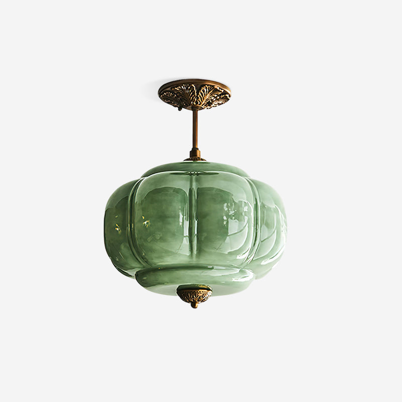Lámpara de techo semiempotrada de cristal verde con esfera dorada estriada, estilo vintage | Ormexis