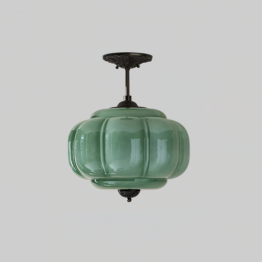Lámpara de techo semiempotrada de cristal verde con esfera dorada estriada, estilo vintage | Ormexis