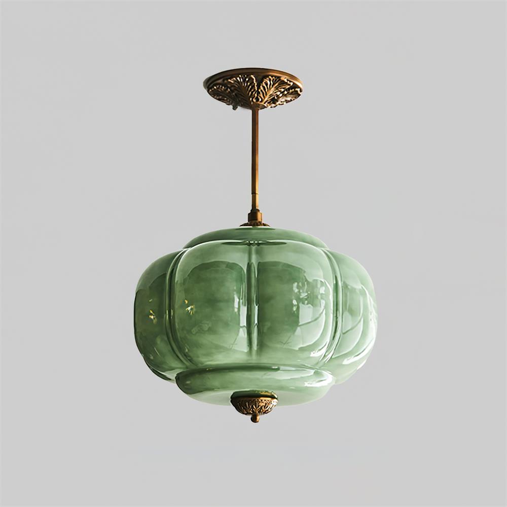 Lámpara de techo semiempotrada de cristal verde con esfera dorada estriada, estilo vintage | Ormexis