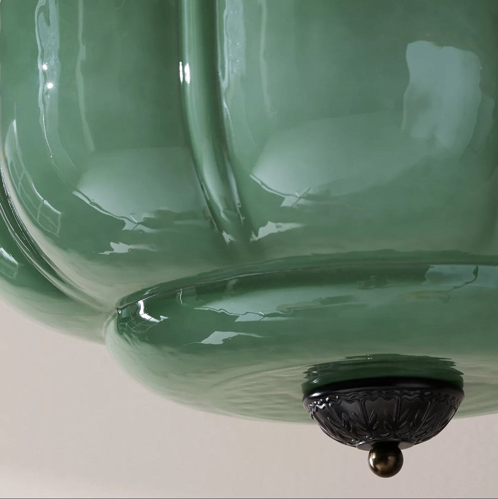 Lámpara de techo semiempotrada de cristal verde con esfera dorada estriada, estilo vintage | Ormexis